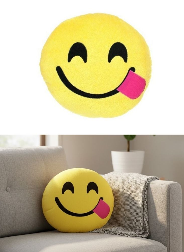 Premium Yellow Emoji Plush Cushion – Tongue Out Smiley Face Decorative Throw Pillow - Image 1